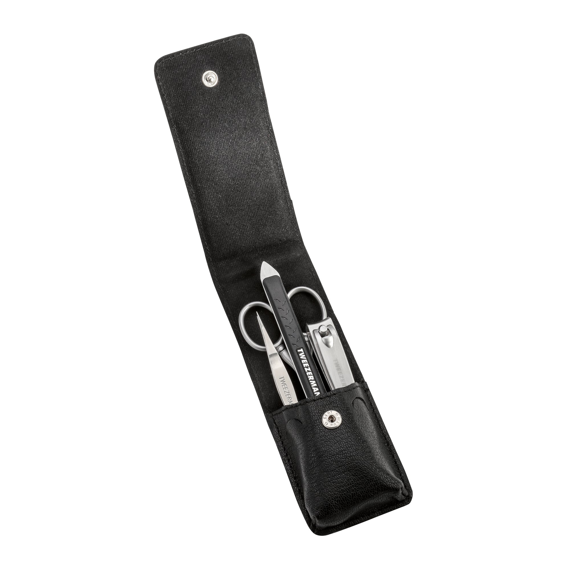 Dual ended stainless steel nail tool, nail clipper, scissors and point tweezerette in black carry case