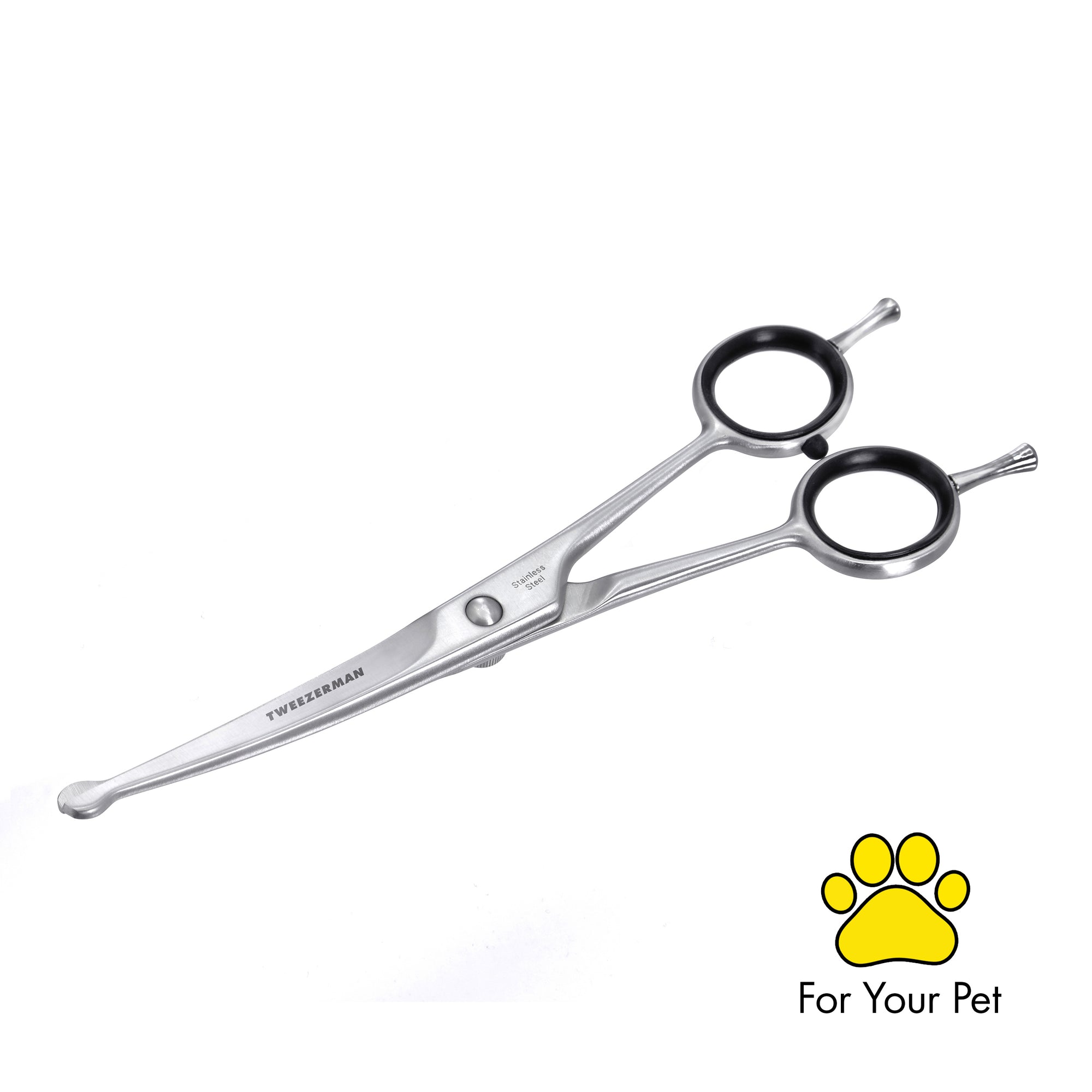 Close up of stainless steel curved blades of Curved Grooming Shears 7&quot;