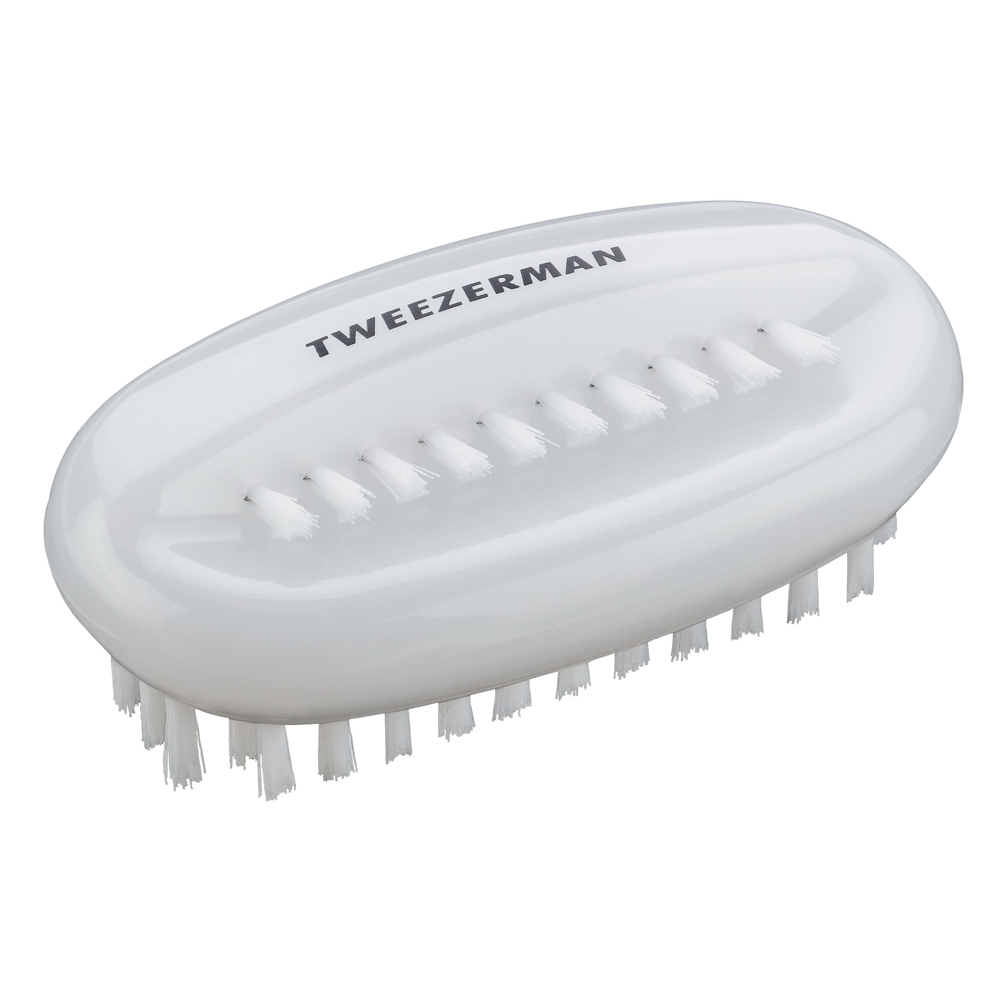 White oval shaped dual nail brush side view
