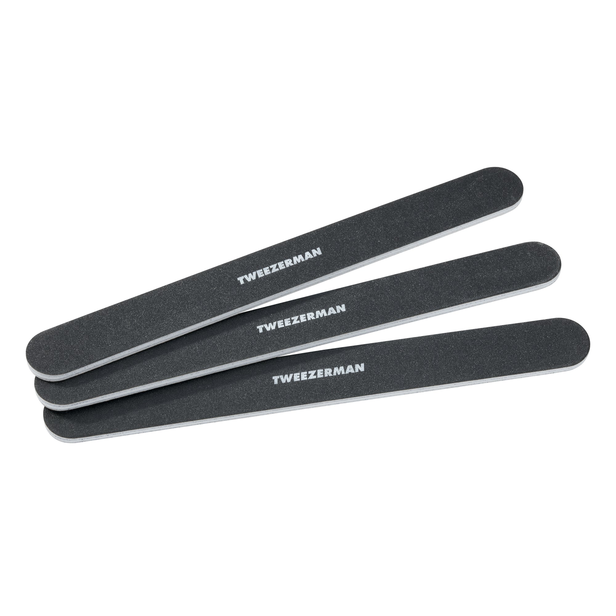Dual sided nail files with black color grit and white Tweezerman logo in center. 3 files 7&quot; in length