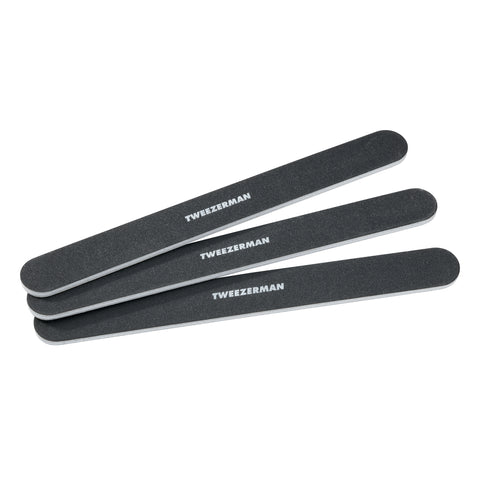 Dual sided nail files with black color grit and white Tweezerman logo in center. 3 files 7