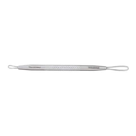 Dual ended stainless steel skincare tool with textured body grip. One end has long flat loop. One end has smaller angled loop