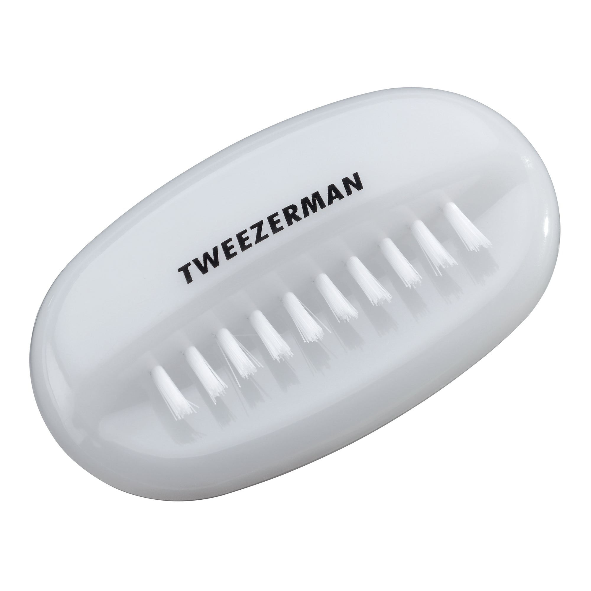 White oval shaped dual nail brush top view