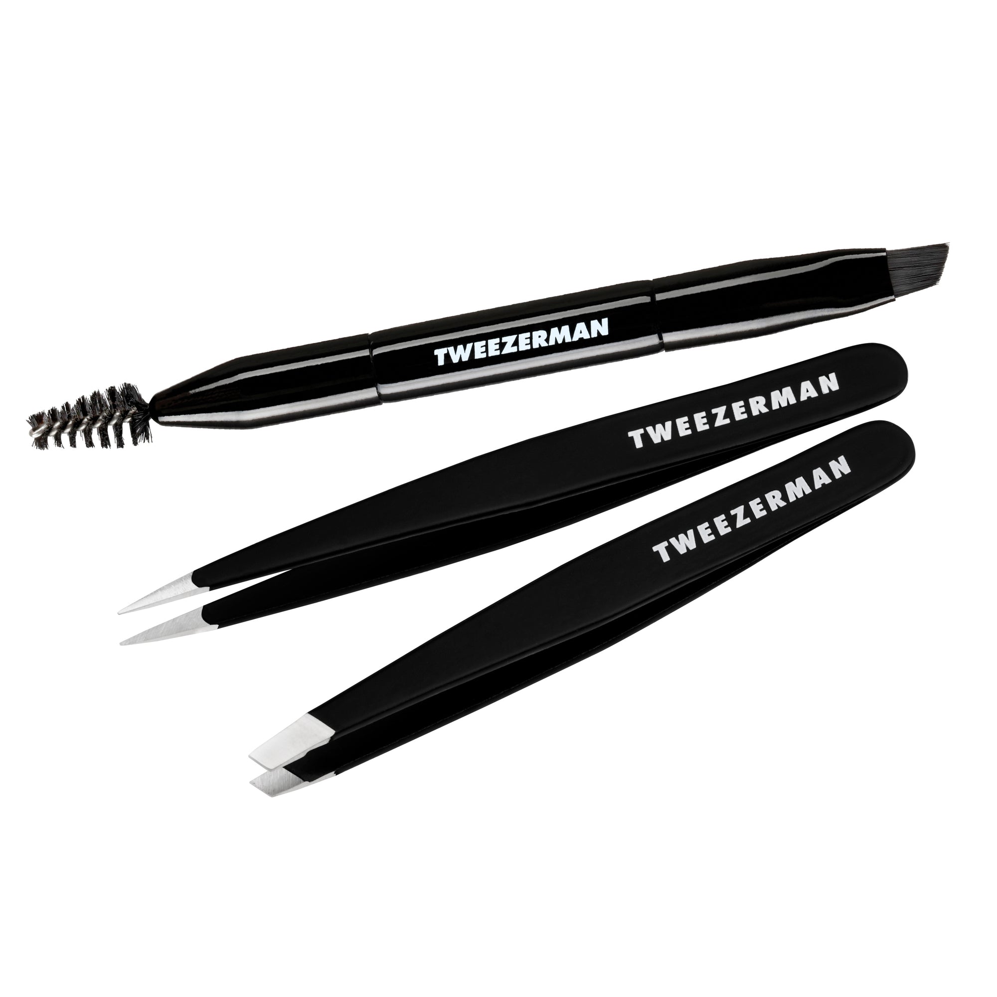 Mini Dual ended Brow Brush and spoolie with black point tweezer and black slant tweezer
