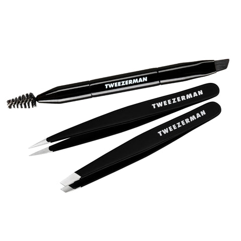 Mini Dual ended Brow Brush and spoolie with black point tweezer and black slant tweezer