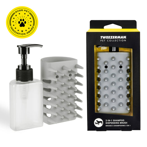 Grey bristle brush sleeve holding refillable bottle with pump top