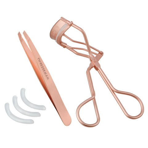 Rose Gold Slant Tweezer and Eyelash Curler with 3 replacement pads