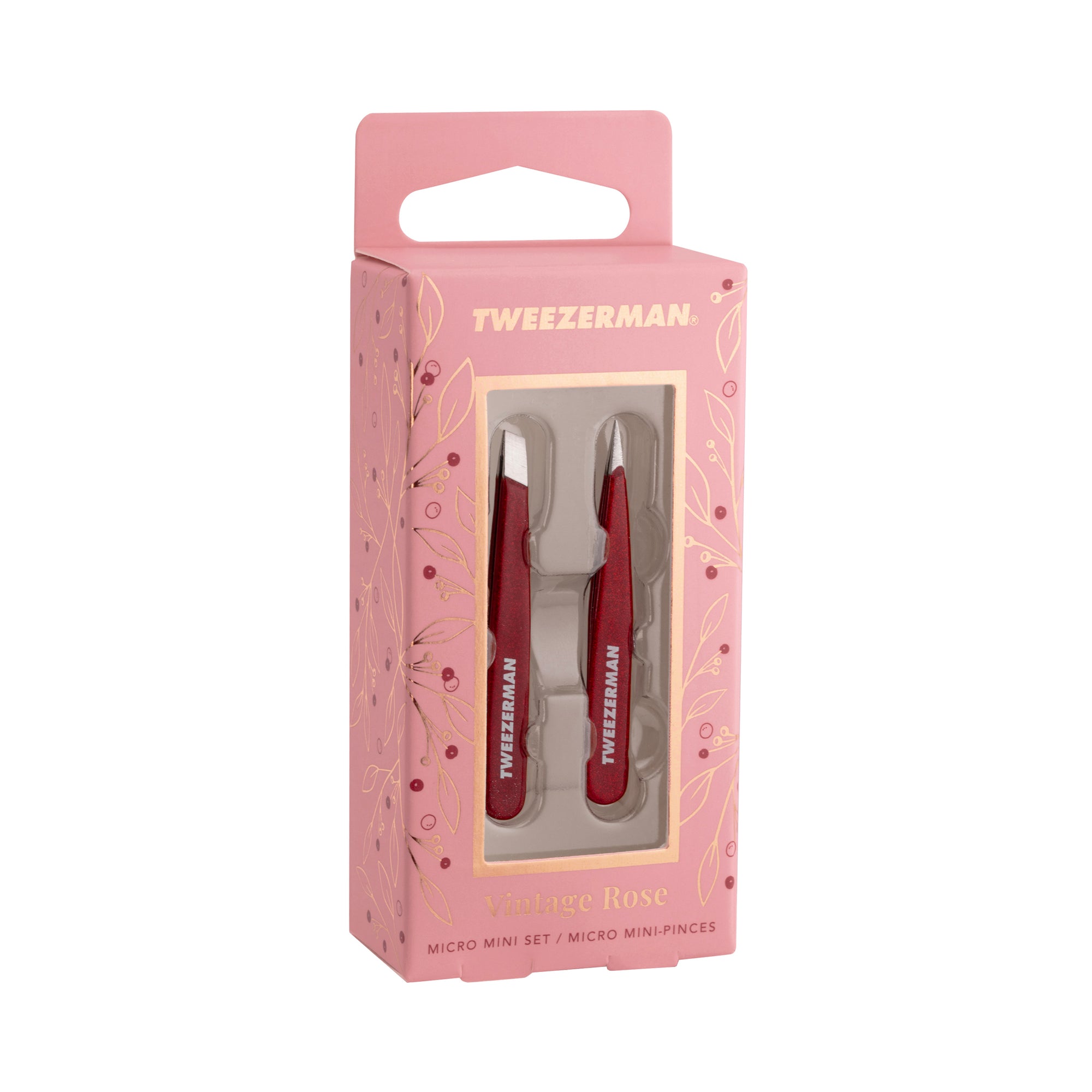 Front of packaging for Vintage Rose Micro Mini Tweezer Set