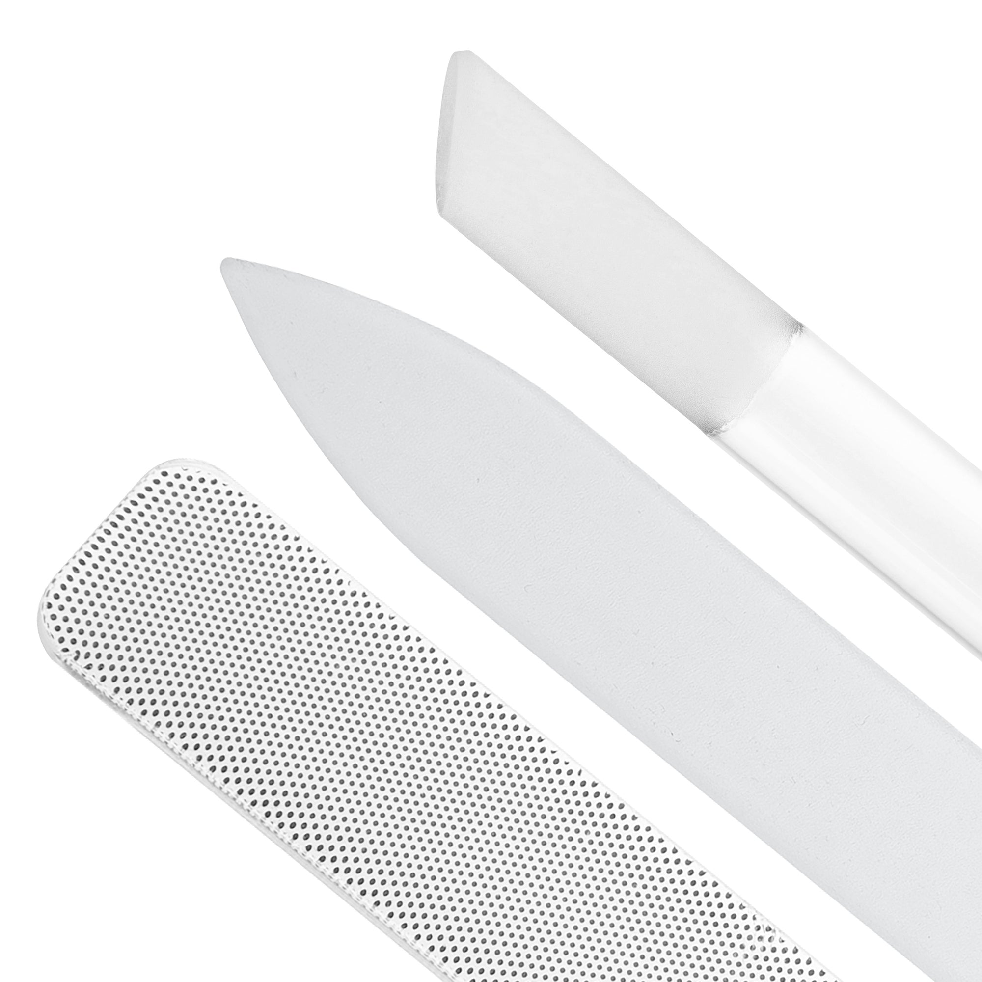 Textured end of glass nail buffer. Pointed end of glass nail file. Angled end of glass cuticle pushy.