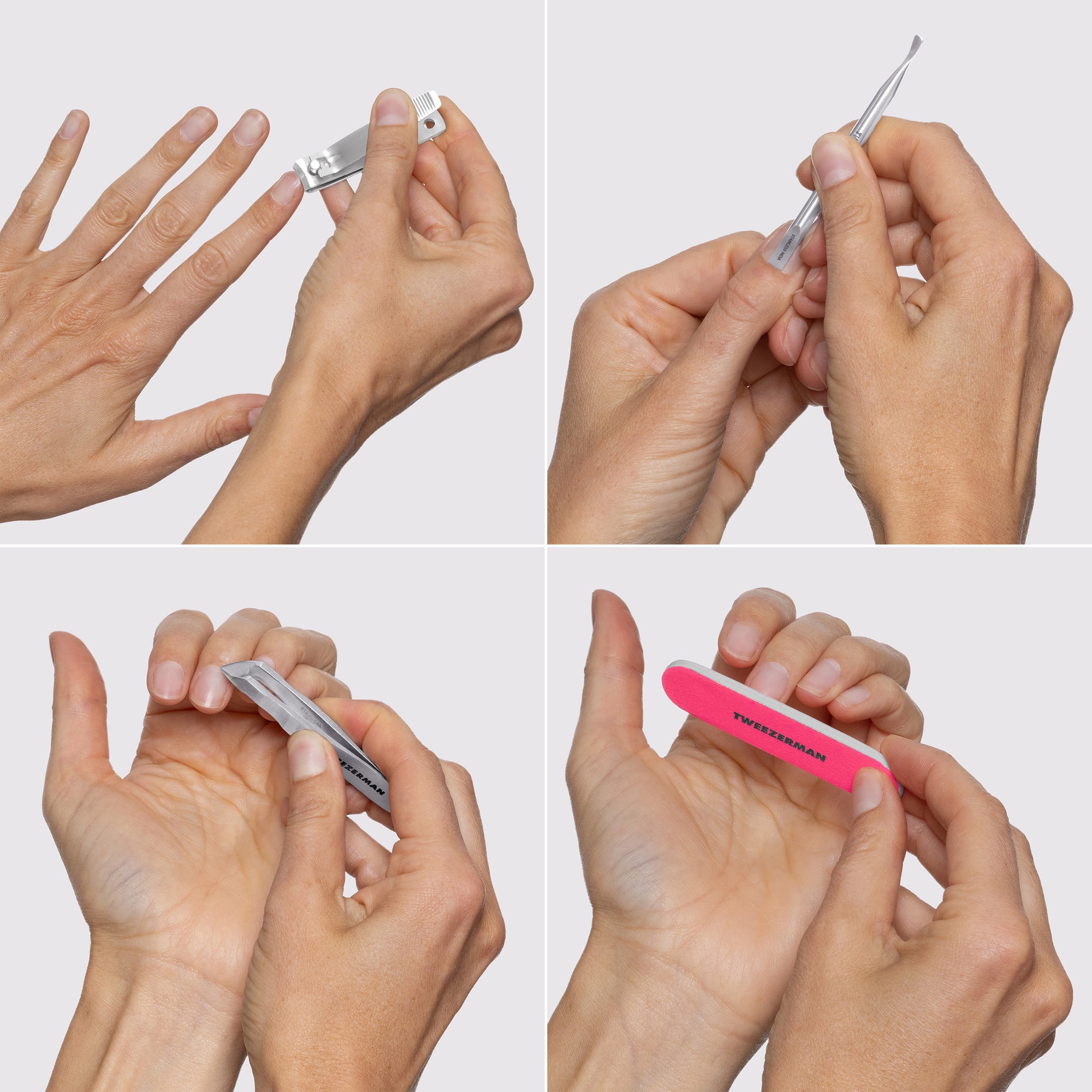 Model holding the Mini Neon Nail Rescue Kit : the stainless steel Nail Clipper, the Mini Pushy &amp; Nail Cleaner, the Mini Cuticle Nipper, the Mini Neon Nail File.