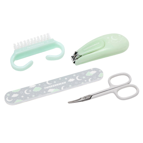 Green baby Nail Brush, Nail clipper, Gray and green Cloud and Moon Nail file, and White Stainless Steel Nail Scissor