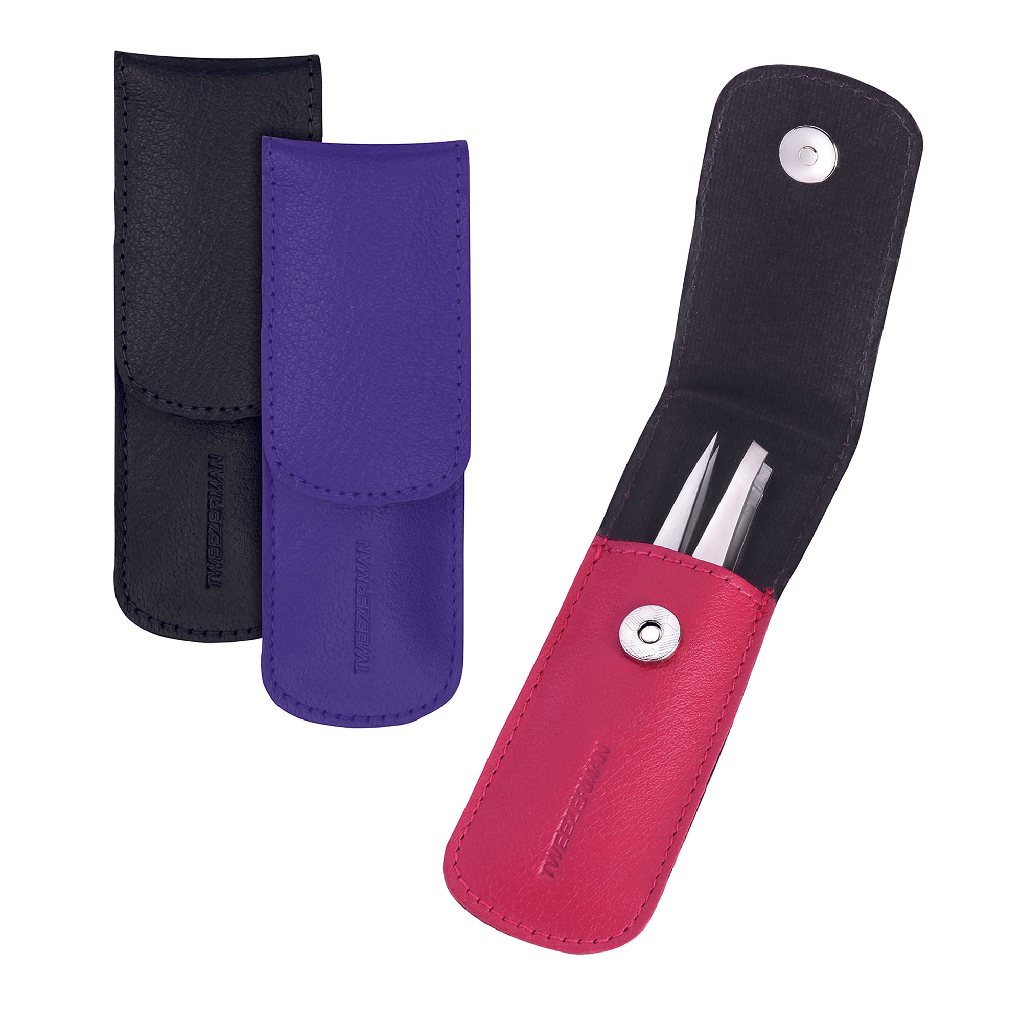 Stainless Steel Petite Slant and Point Tweezer in Pink Case and black and purple case