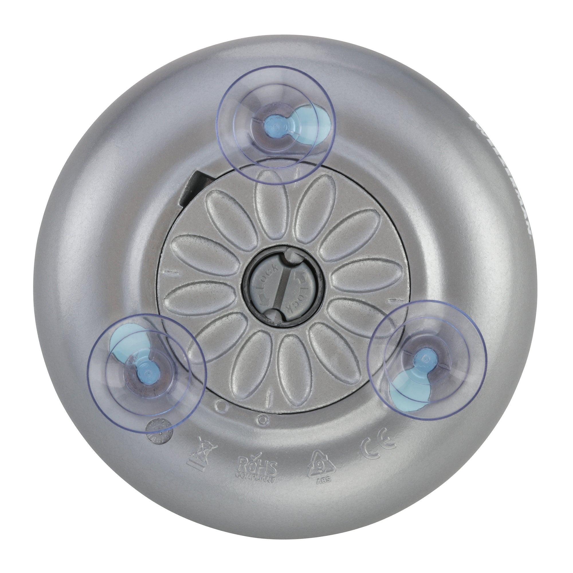 Back of LED lighted 15x mini mirror with 3 fixed suction cups