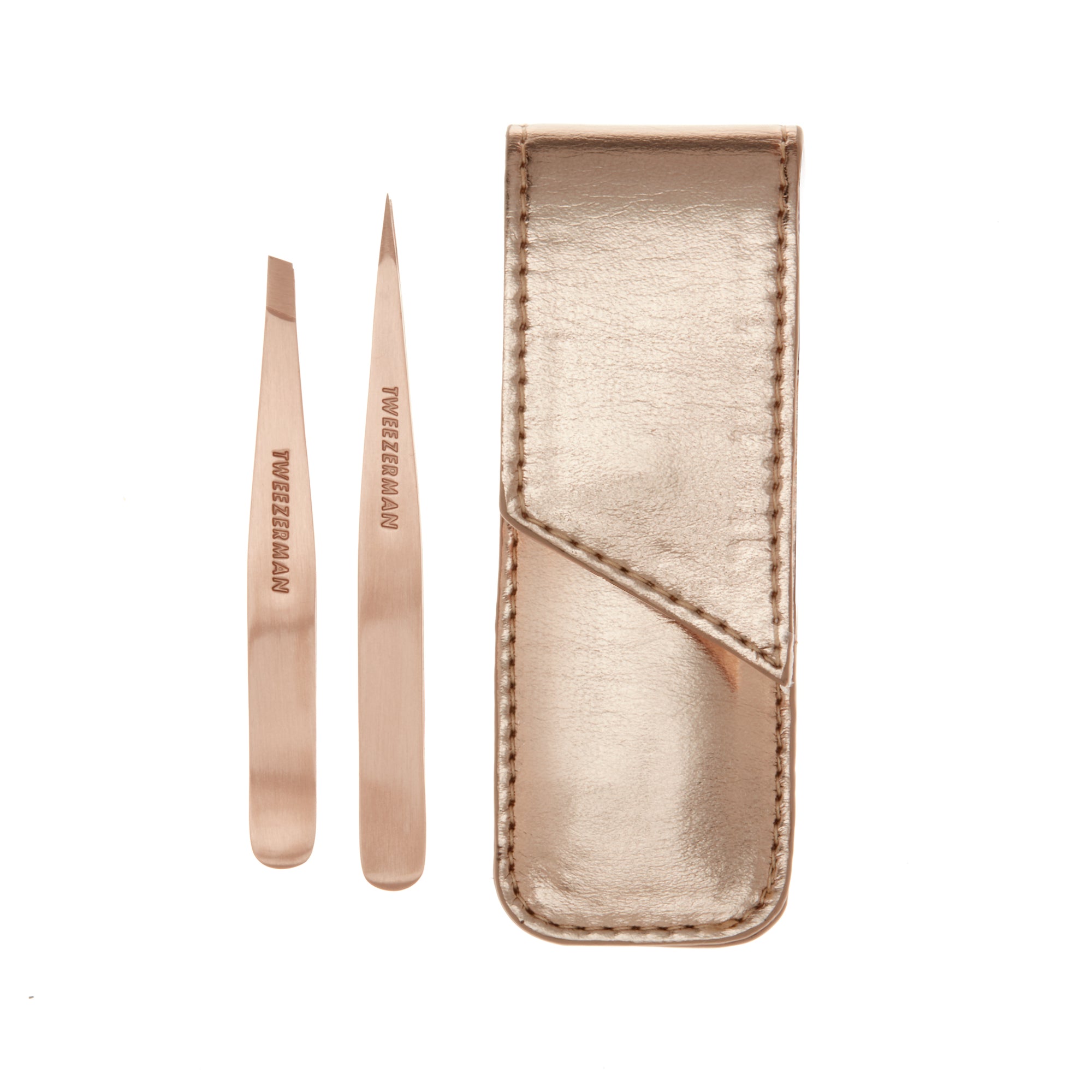 Petite Rose Gold Slant Tweezer and Point Tweezer with Rose Gold Case