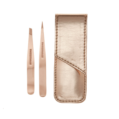 Petite Rose Gold Slant Tweezer and Point Tweezer with Rose Gold Case