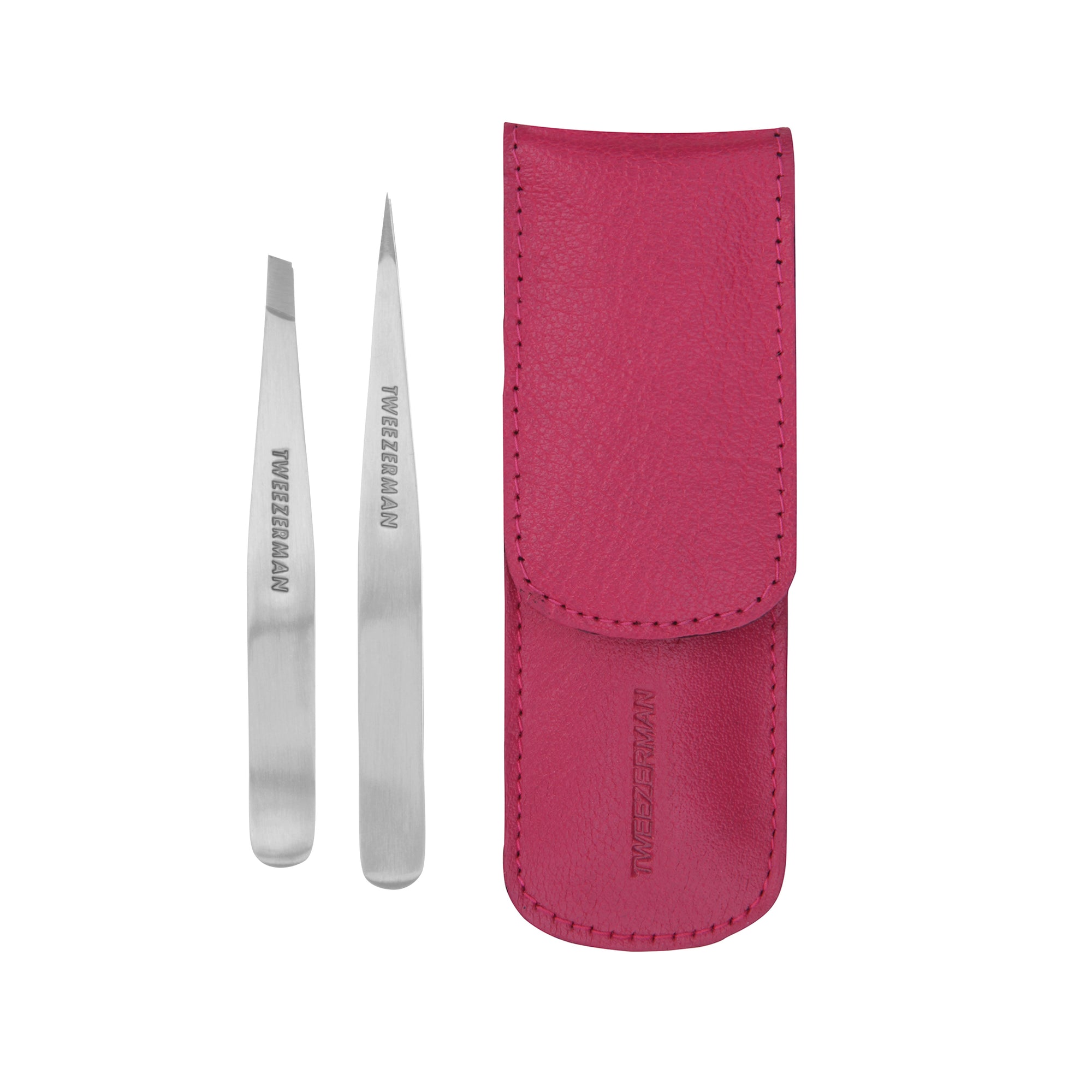 Stainless Steel Petite Slant Tweezer and point tweezer with Pink Case