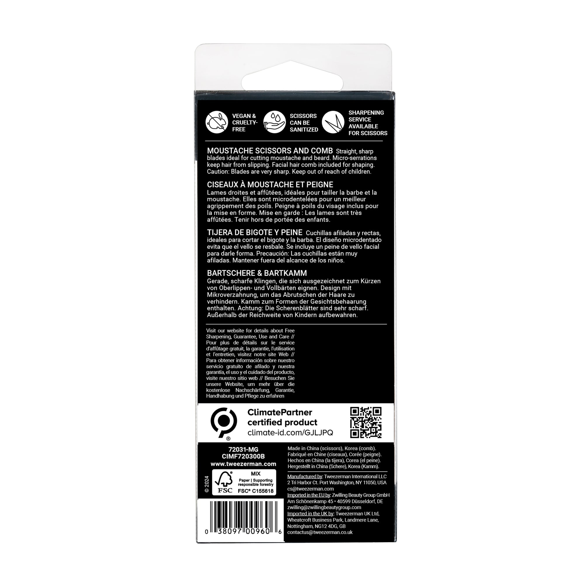 Back of Packaging for Stainless Steel Moustache Scissors &amp; Comb