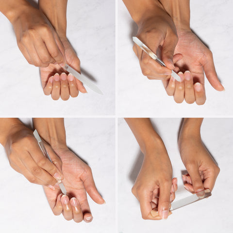 Collage of photos. Model is using glass nail file, both ends of glass cuticle pushy, and glass nail buffer.