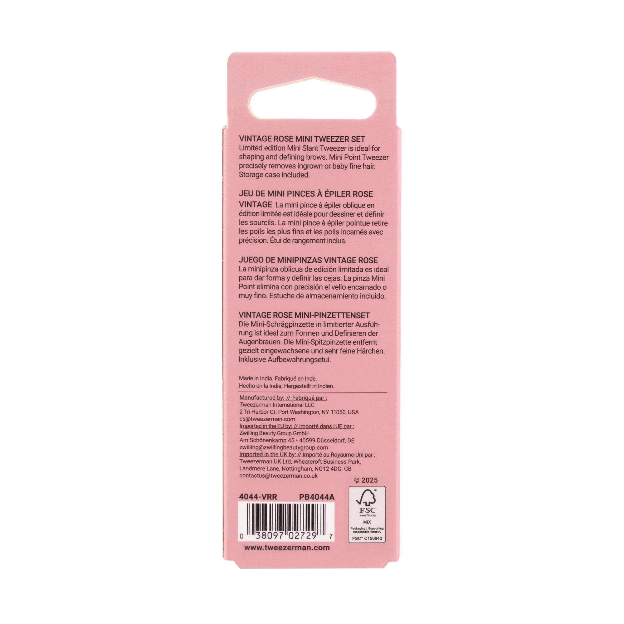 Back of packaging for Vintage Rose Mini Tweezer Set with Case