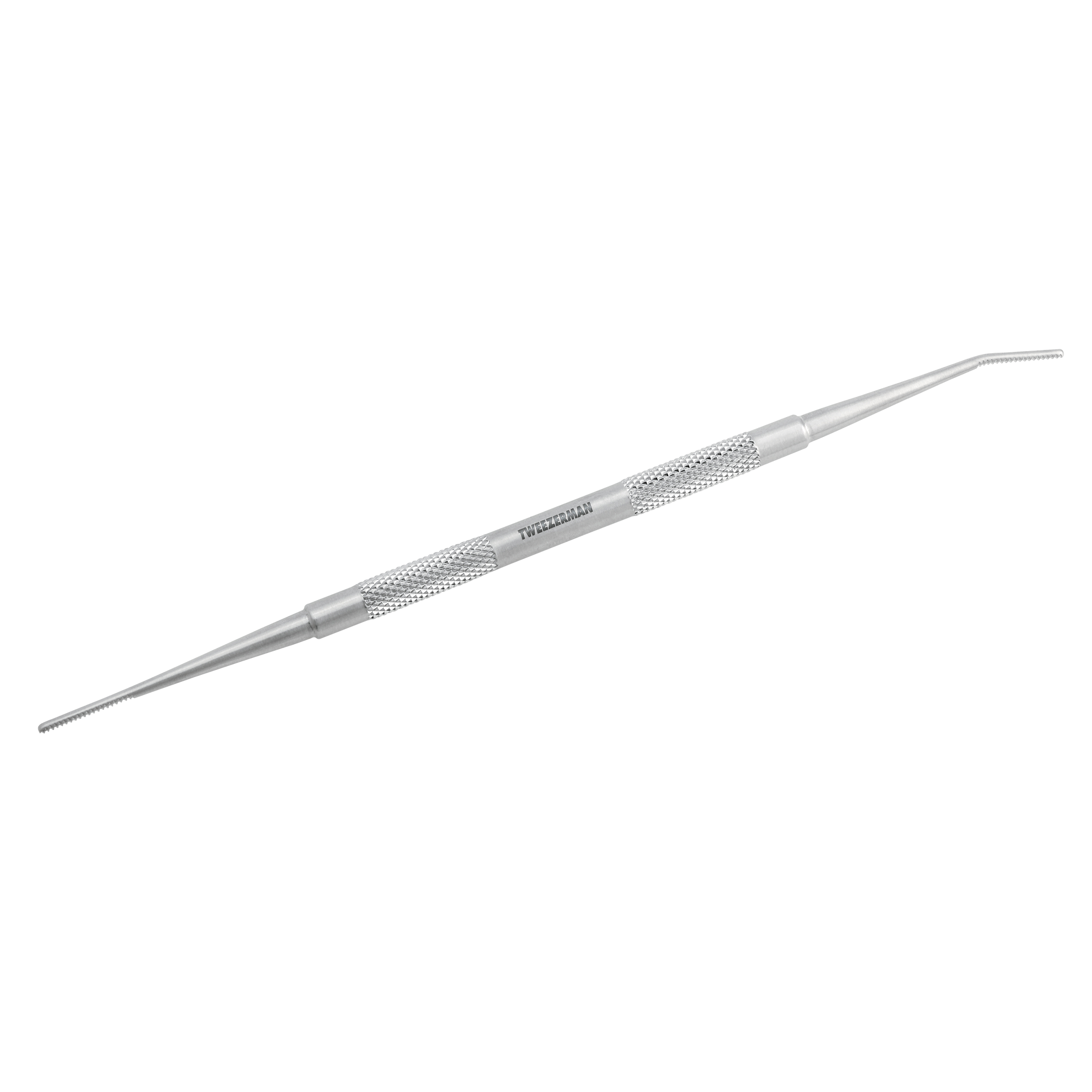 Dual ended ingrown toenail file, full body stainless steel with textured middle grip. One end has flat file and one end has curved filed
