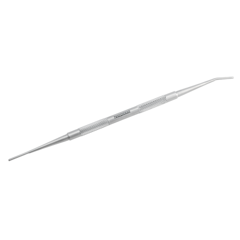Dual ended ingrown toenail file, full body stainless steel with textured middle grip. One end has flat file and one end has curved filed
