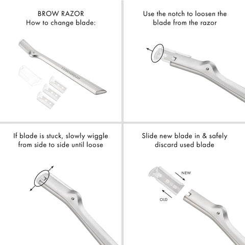 HOW TO CHANGE BLADE:
USE THE NOTCH TO LOOSEN THE BLADE FROM THE RAZOR. IF THE BLADE IS STUCK. SLOWLY WIGGLE FROM SIDE TO SIDE UNTIL LOOSE. SLIDE NEW BLADE IN AND SAFELY DISCARD USED BLASE