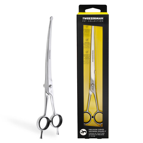 Stainless Steel Curved Grooming Shears 9-inches with black rubber finger grips