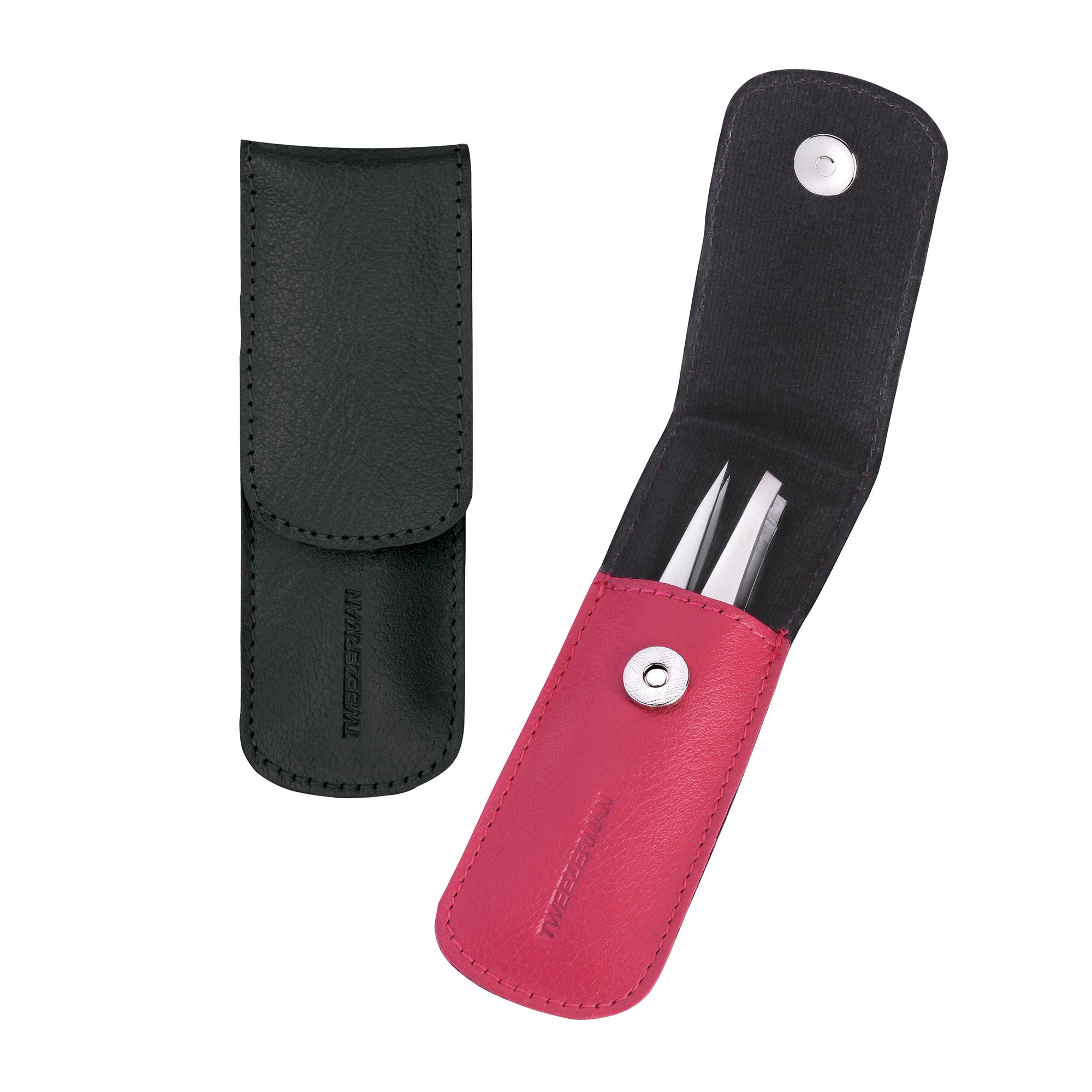 Stainless Steel Petite Point and Slant Tweezers displayed inside Black, Pink Case.