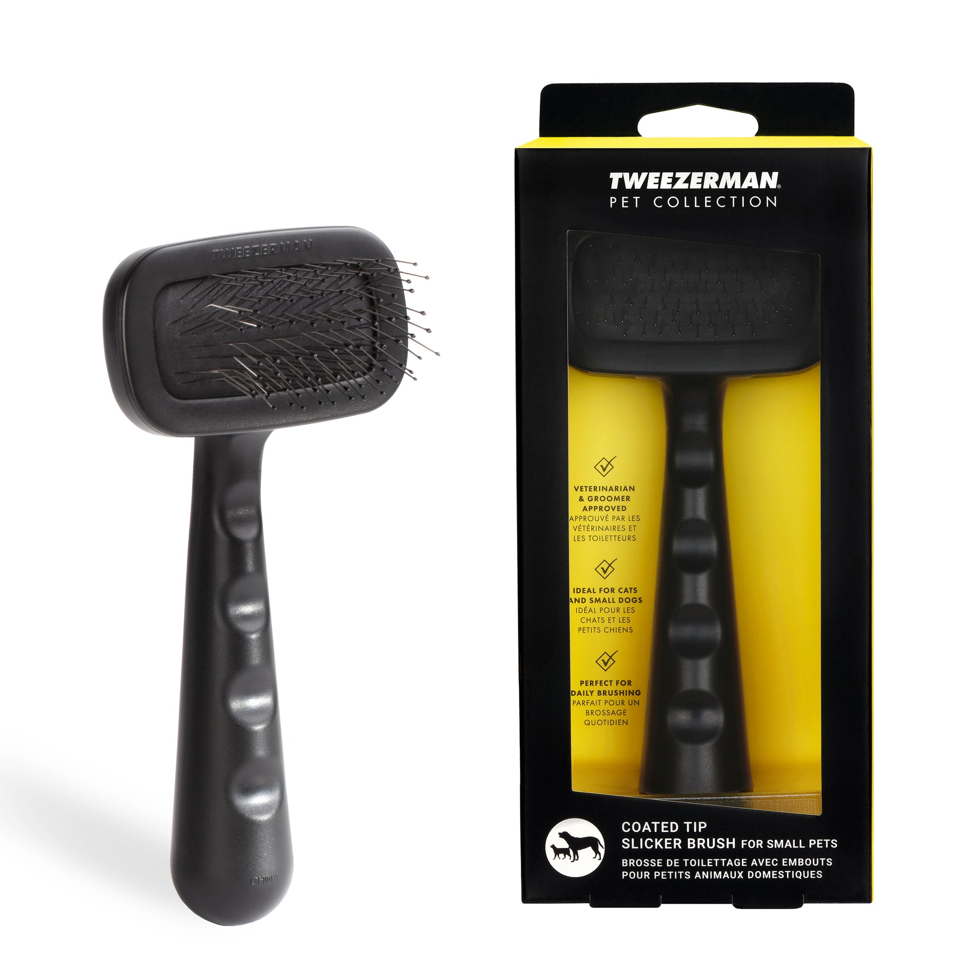 Black color Small Coated Tip Slicker Brush featuring flexible cushion pad with coated bristle tips and handle with built-in grips.