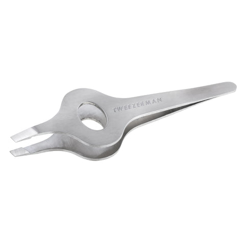 Wide Grip Slant Classic Tweezer. Stainless steel finish, middle of tweezer body has wide grip oval shape with opening for fingers. Stainless steel slanted tips.
