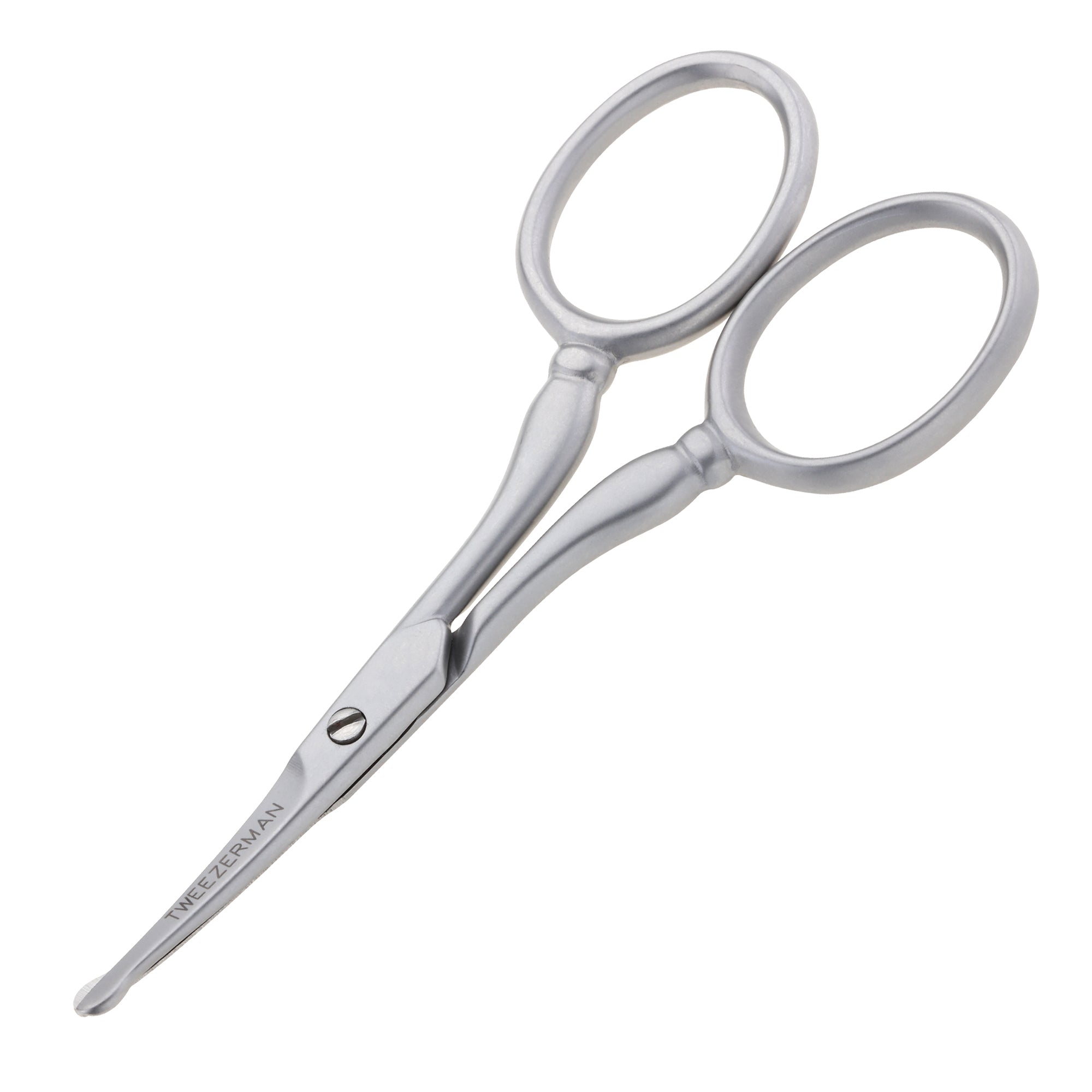 Stainless steel facial hair scissors with rounded tip blade and finger loop handles
Written on tool in dark grey is &quot;Tweezerrman Italy in ox&quot;