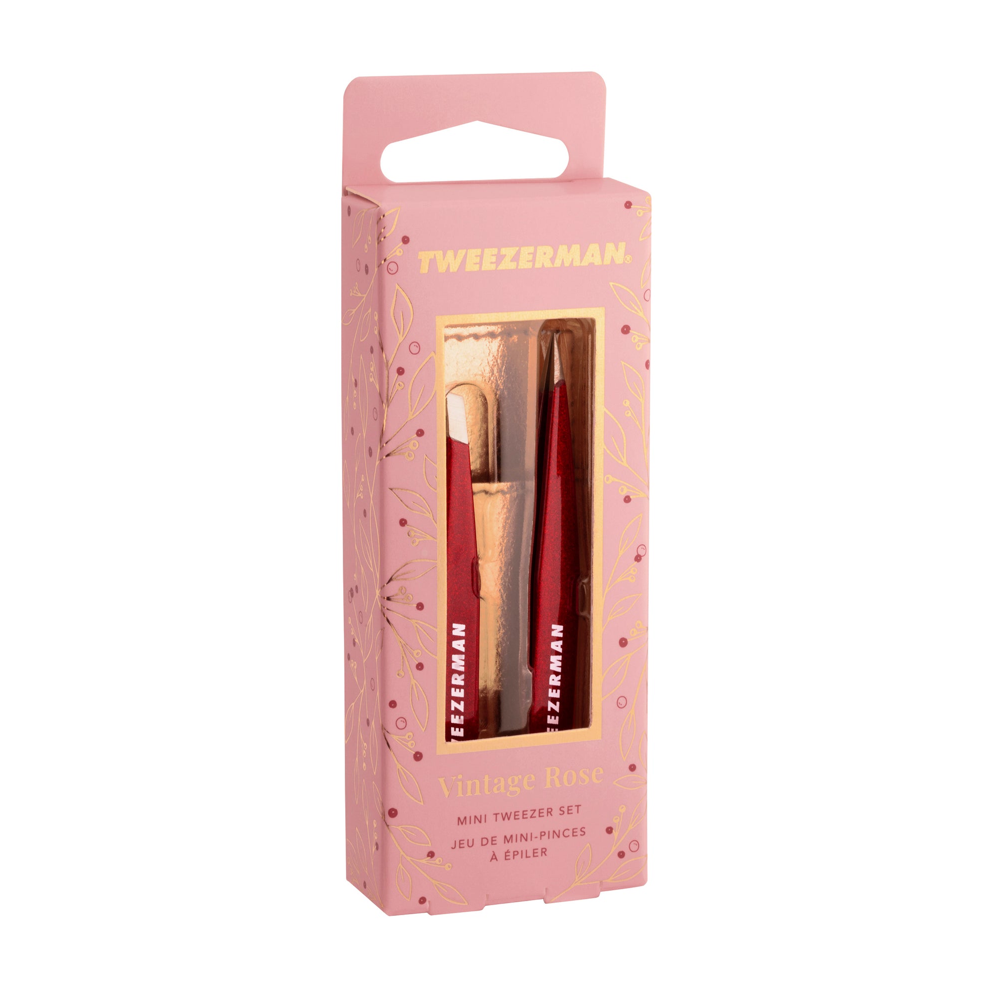 Front of packaging for Vintage Rose Mini Tweezer Set with Case