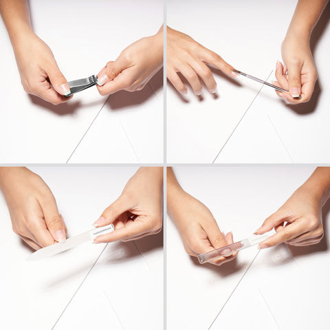 Collage of 4 photos. Model using stainless steel fingernail clipper, model using cuticle pushy, model using glass nail file, model using glass nail buffer