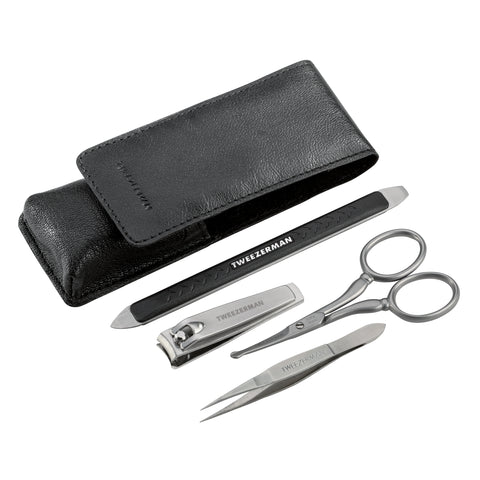 Black vegan carry case with Dual ended stainless steel nail tool, stainless steel nail clipper, scissors, and point tweezerette