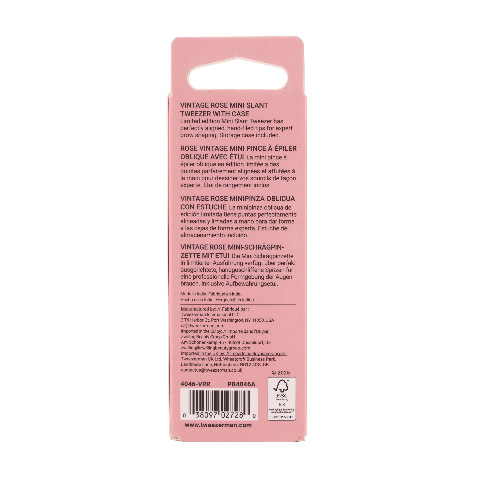 Back of Packaging for Vintage Rose Mini Slant Tweezer with Case