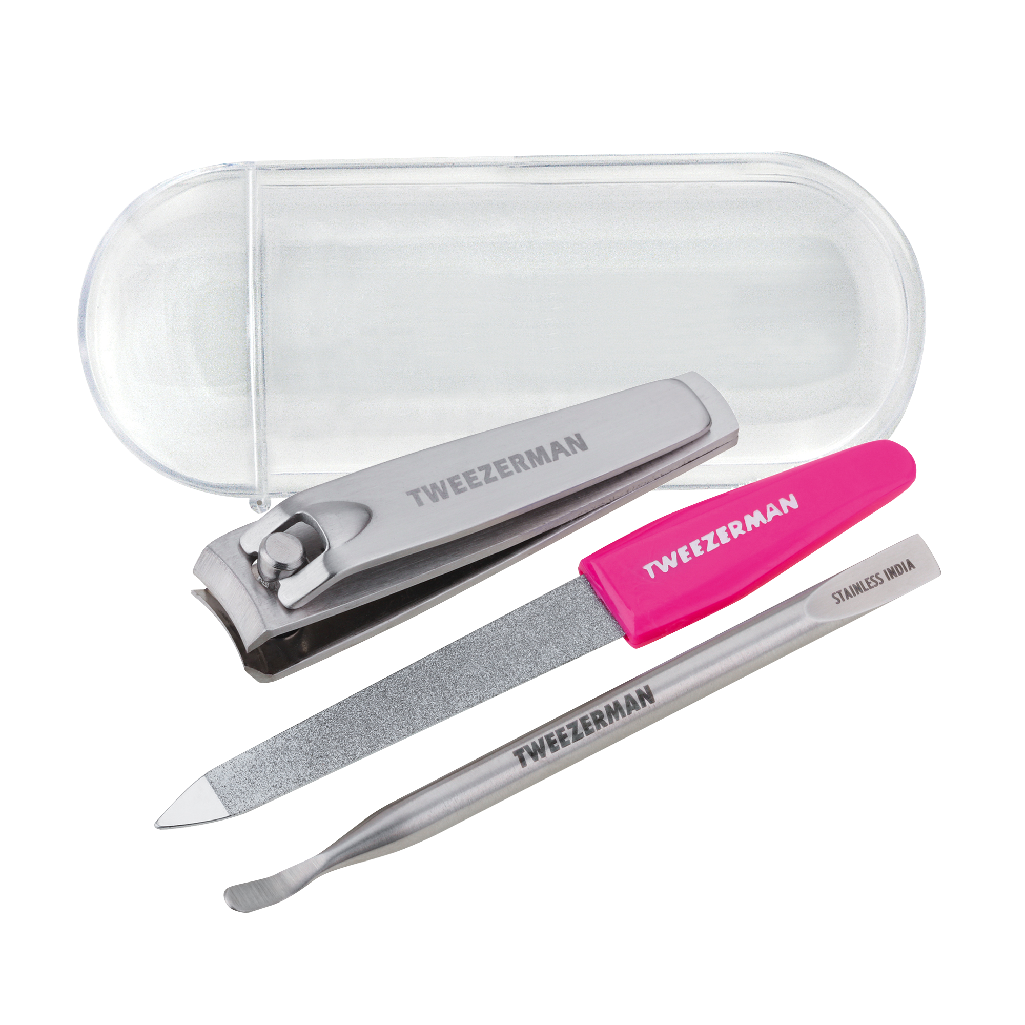 Stainless steel Nail clipper, Stainless steel nail file with pink handle, Dual-sided Stainless Steel Mini Nail pushy and Cleaner with case