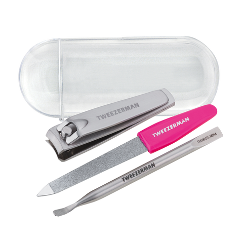 Stainless steel Nail clipper, Stainless steel nail file with pink handle, Dual-sided Stainless Steel Mini Nail pushy and Cleaner with case