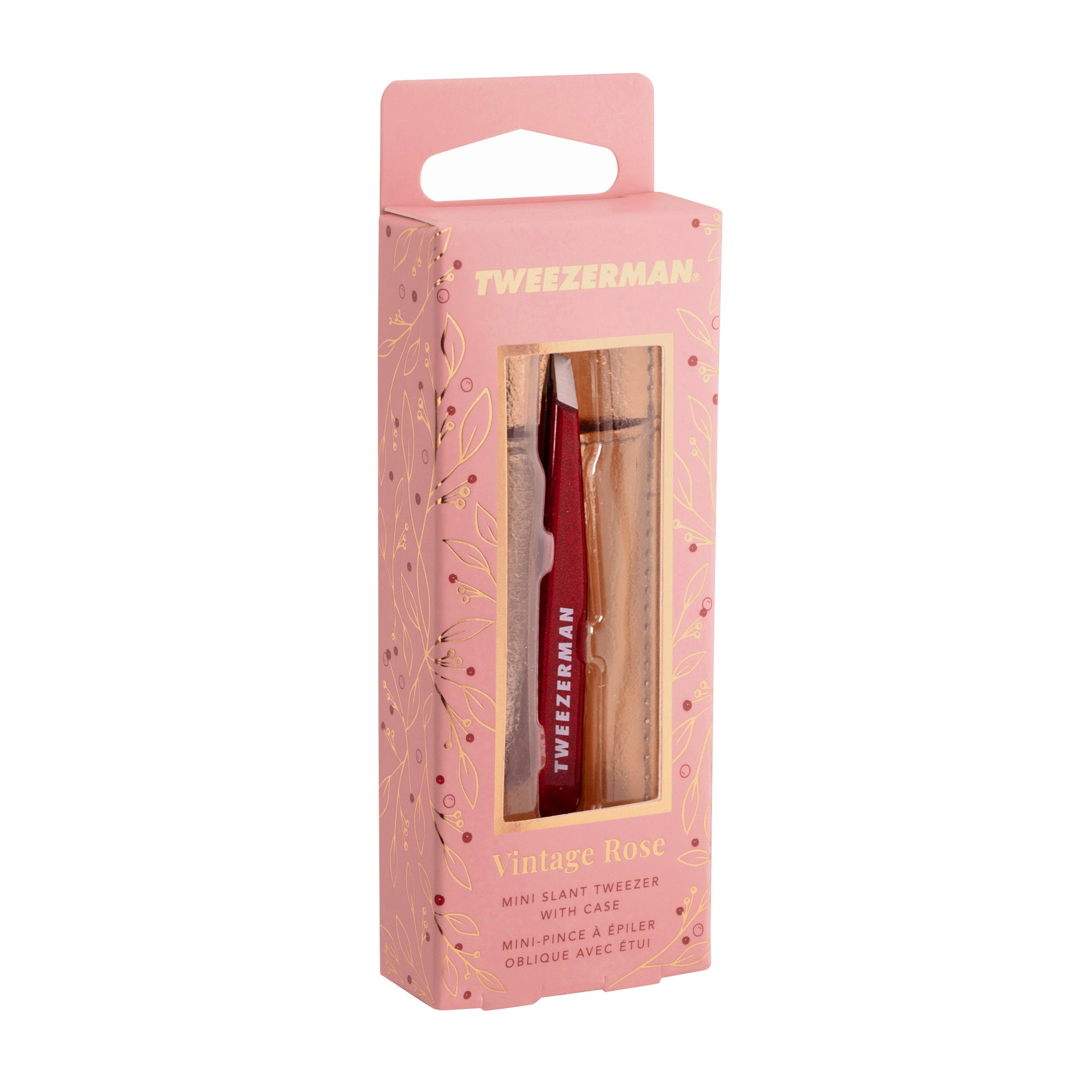 Front of Packaging for Vintage Rose Mini Slant Tweezer with Case
