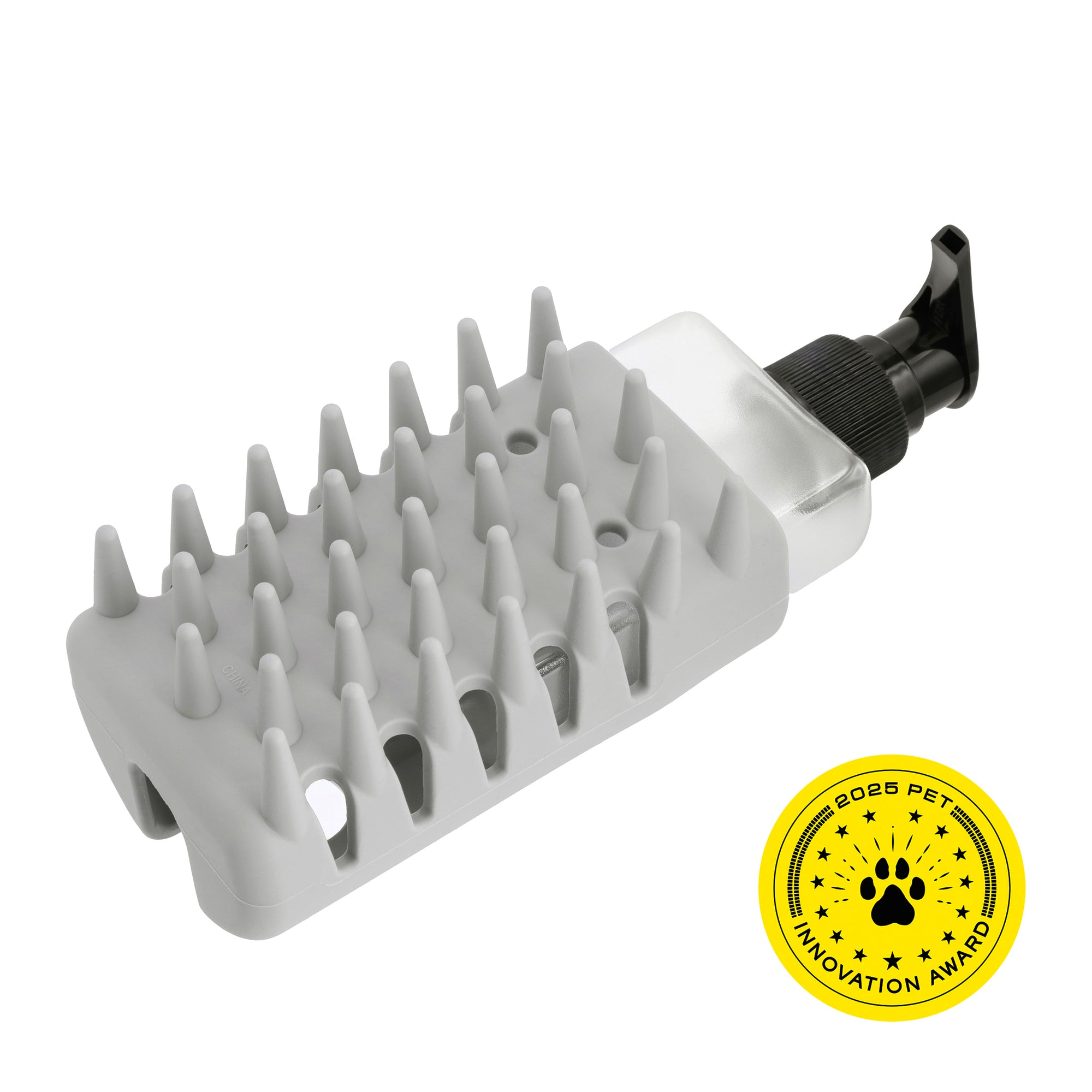 Grey bristle brush sleeve next to removable refillable bottle with pump top