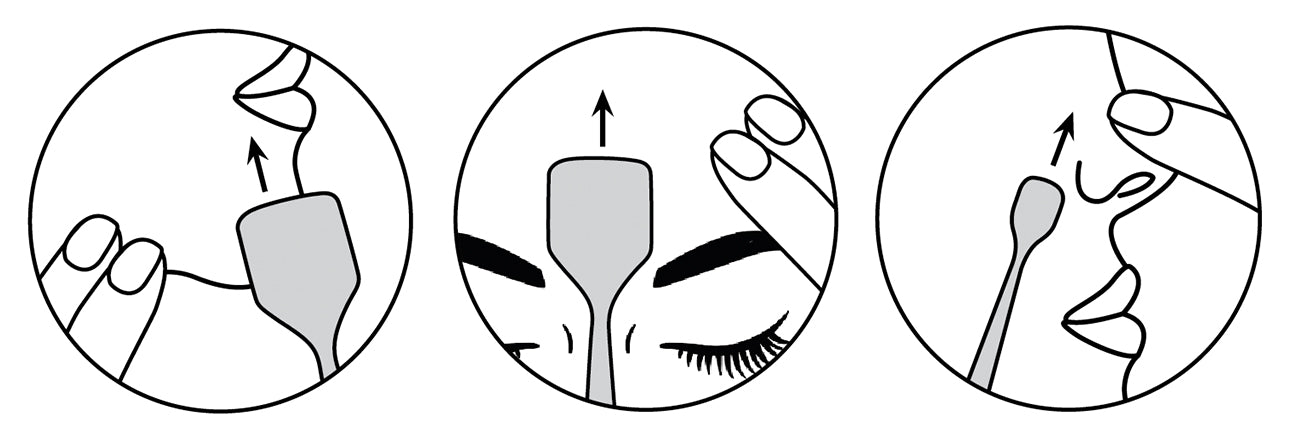 Visual of pore prep tool being used on cheek, forehead, and nose area with arrow indicating upward motion