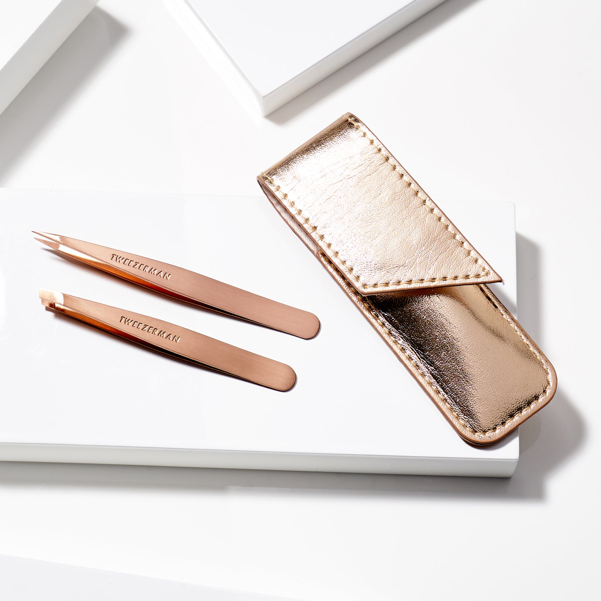 Petite Rose Gold Slant Tweezer and Point Tweezer with Rose Gold Case